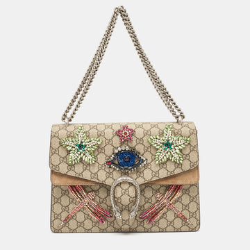 GUCCI Beige GG Supreme Canvas and Suede Medium Dubai Exclusive Dionysus Embellished Shoulder Bag