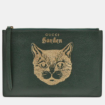 GUCCI Green/Gold Leather Garden Cat Zip Pouch