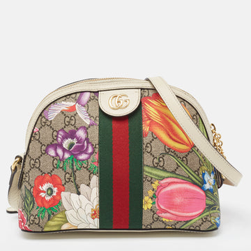 GUCCI Off White/Beige GG Supreme Canvas Small Floral Ophidia Shoulder Bag