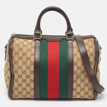 GUCCI Beige/Brown GG Canvas and Leather Medium Vintage Web Boston Bag