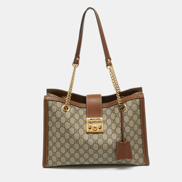 GUCCI Beige/Brown GG Supreme Canvas and Leather Medium Padlock Tote