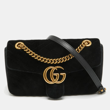 GUCCI Black Matelasse Velvet Small GG Marmont Shoulder Bag