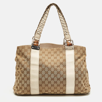 GUCCI Beige/Cream GG Canvas and Leather Large Bamboo Bar Tote