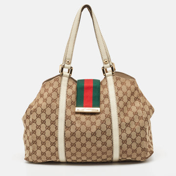 GUCCI Beige/White GG Canvas and Leather Large New Ladies Web Hobo