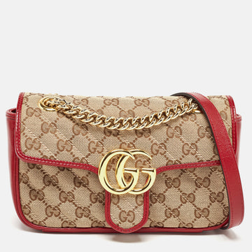 GUCCI Beige/Red Diagonal Canvas and Leather Mini GG Marmont Bag
