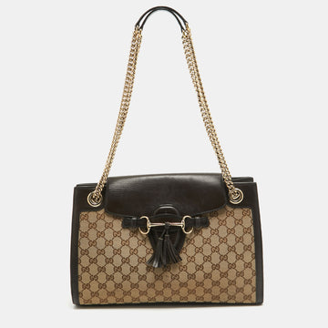 GUCCI Brown/Beige GG Canvas and Leather Large Emily Shoulder Bag