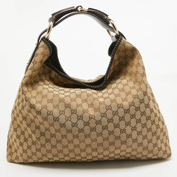 GUCCI Beige/Brown GG Canvas and Leather Large Horsebit Hobo