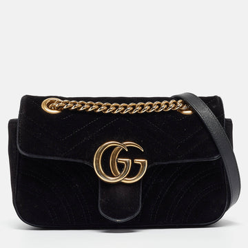GUCCI Black Matelasse Velvet Mini GG Marmont Shoulder Bag