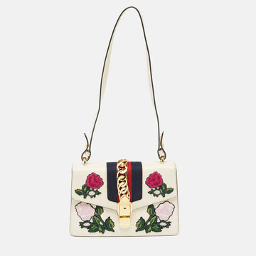 GUCCI Off White Leather Small Web Embroidered Sylvie Shoulder Bag