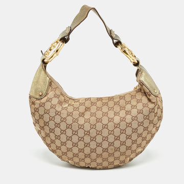GUCCI Green/Beige GG Canvas and Leather Metal Bamboo Ring Hobo