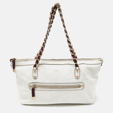 GUCCI White Leather Front Zip Chain Tote