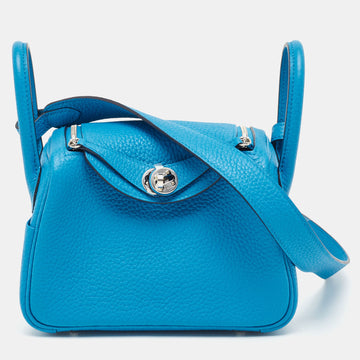 Hermes Bleu Frida Taurillon Clemence Leather Palladium Finish Mini Lindy Bag