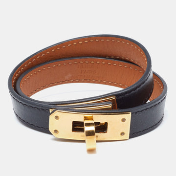 HERMES Kelly Black Leather Gold Plated Double Tour Bracelet