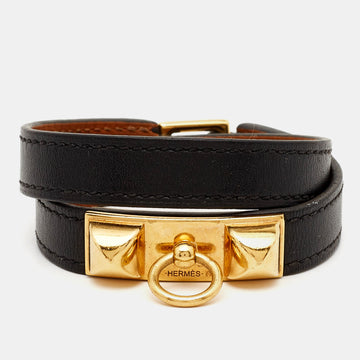 HERMES Rivale Black Leather Gold Plated Bracelet