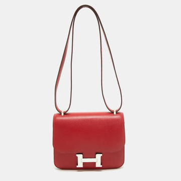 HERMES Rouge Casaque Swift Leather Palladium Finish Constance 18 Mini Bag