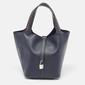 HERMES Bleu Indigo/Noir/Terre Battue Epsom Leather Picotin Lock Tressage 22 Bag