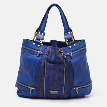 JIMMY CHOO Blue Leather and Suede Mandah Expandable Bag