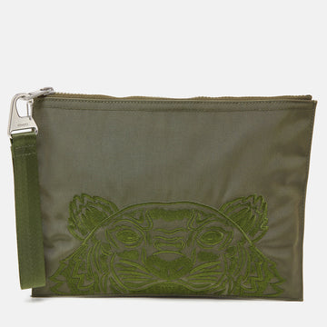 KENZO Green Tiger Embroidered Canvas Zip Flat Pouch