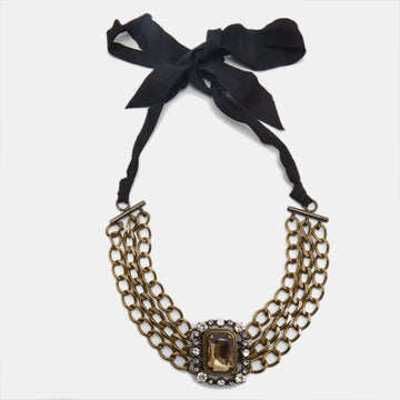 LANVIN Crystals Gold Tone Fabric Necklace