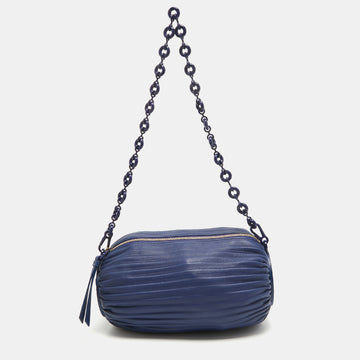 LOEWE Blue Leather Pleated Bracelet Pouch Bag