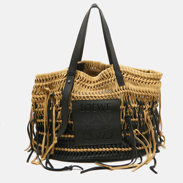 LOEWE Black/Beige Suede and Leather Anagram Woven Fringe Tote