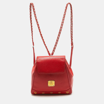 MCM Red Leather Studded Flap Backpack