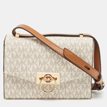 MICHAEL KORS White/Brown Signature Coated Canvas and Leather XS Hendrix Crossbody Bag