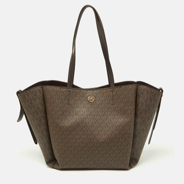 MICHAEL KORS Brown Signature Coated Canvas and Leather Freya Tote