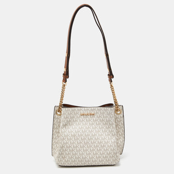 MICHAEL KORS White/Brown Signature Coated Canvas and Leather Small Teagen Bag