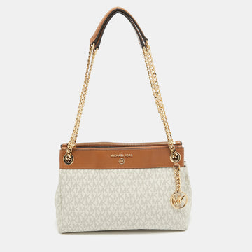 MICHAEL KORS White/Brown Signature Coated Canvas and Leather Small Susan Tote