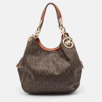 MICHAEL MICHAEL KORS Dark Brown Signature Coated Canvas and Leather Fulton Hobo