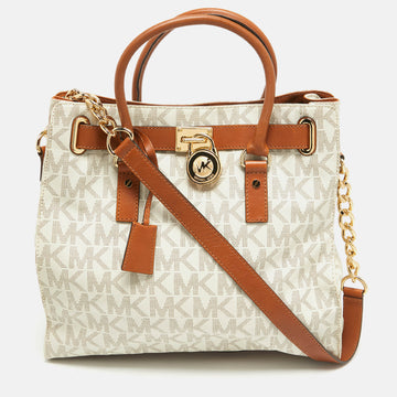 MICHAEL MICHAEL KORS Brown/White Signature Coated Canvas Large Hamilton North South Tote