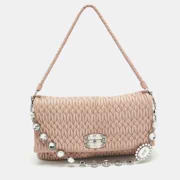 MIU MIU Light Pink Matelasse Leather Crystal Flap Shoulder Bag