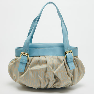MOSCHINO Light Blue/Beige Monogram Canvas and Leather Flap Hobo