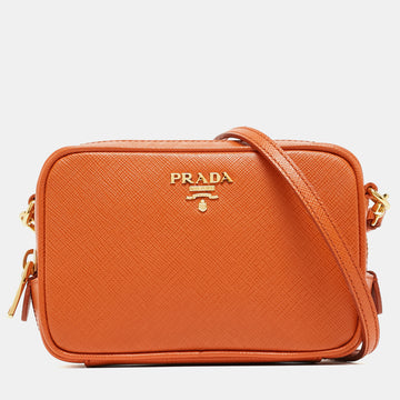 PRADA Orange Saffiano Lux Leather Mini Top Zip Camera Bag