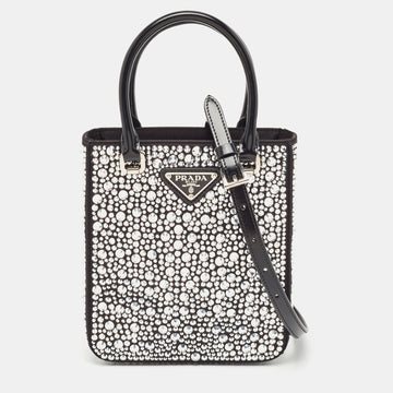 PRADA Black Satin and Leather Small Crystal Embellished Tote