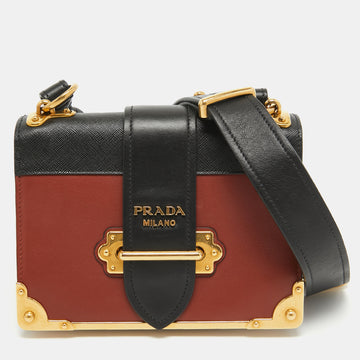 PRADA Black/Brick Brown Leather Cahier Shoulder Bag