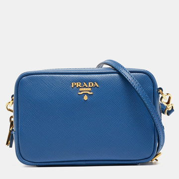 PRADA Blue Saffiano Lux Leather Mini Top Zip Camera Bag