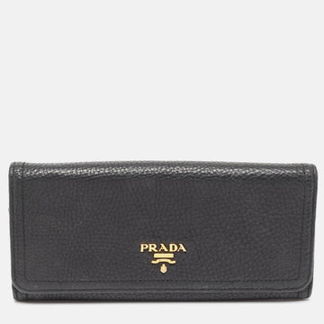 PRADA Black Vitello Daino Leather Logo Flap Continental Wallet
