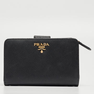 PRADA Black Saffiano Leather Zip Around Compact Wallet