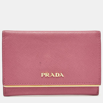 PRADA Pink Saffiano Leather Flap Metal Card Holder