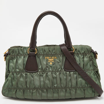 PRADA Green/Brown Gaufre Nylon and Leather Tote