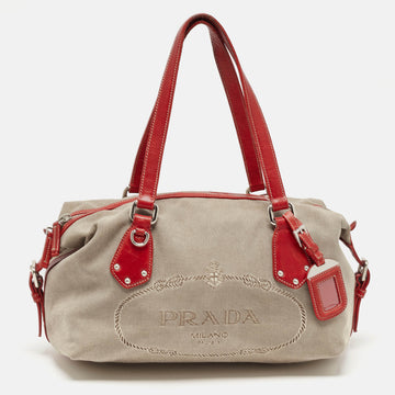 PRADA Beige/Red Logo Jacquard Fabric and Leather Bag