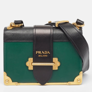 PRADA Green/Black Saffiano Leather Cahier Flap Shoulder Bag