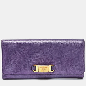 PRADA Purple Saffiano Leather Logo Flap Continental Wallet