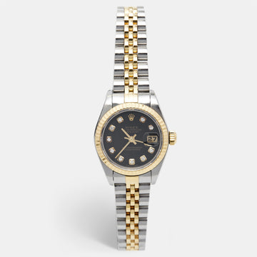 ROLEX Black 18K Yellow Gold Stainless Steel Diamond Datejust 79173 Women's Wristwatch 26 mm
