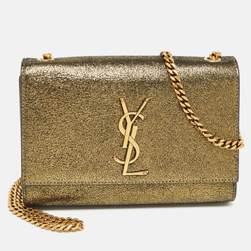 Saint Laurent Gold Crackled Leather New Small Kate Wallet on Chain