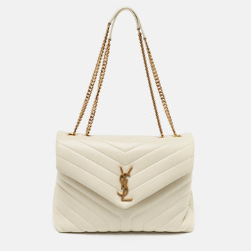 Saint Laurent White Matelasse Leather Medium LouLou Shoulder Bag