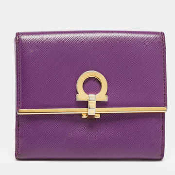 SALVATORE FERRAGAMO Purple Leather Gancini Clip Tri Fold Wallet