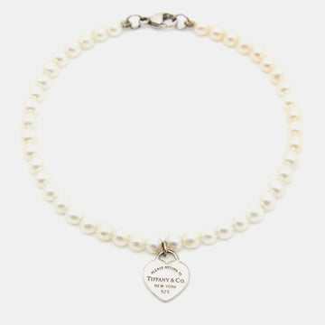 TIFFANY & CO. Return To Tiffany Cultured Pearl Sterling Silver Heart Tag Bracelet